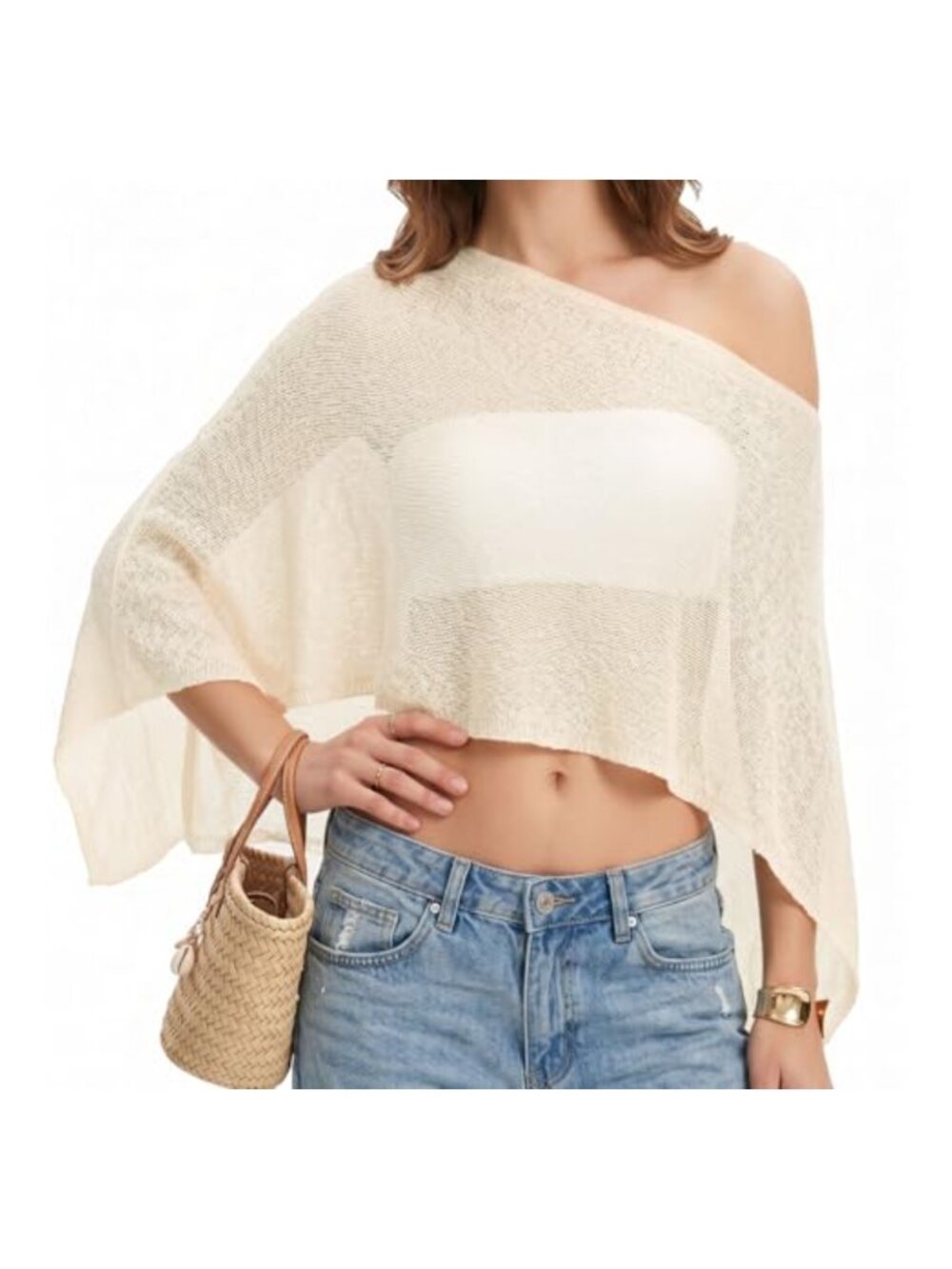 Off Shoulder Sheer Knit Poncho Shrug Flowy Crochet Mesh Cover Up